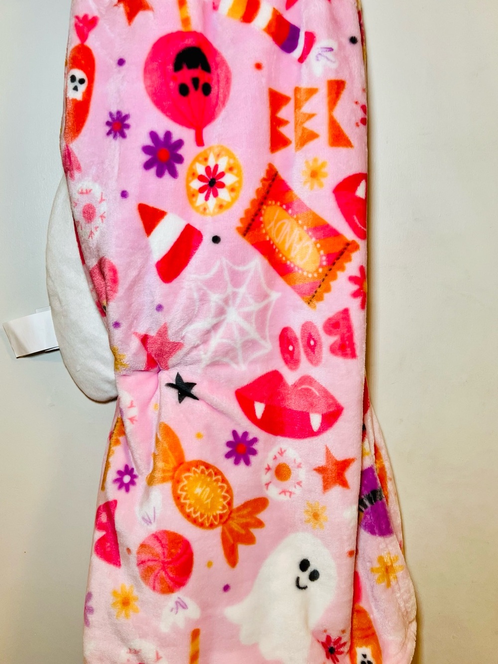 Pink Halloween Plush Throw Blanket Candy Ghost + Treat Bag Eek Boo Fangs Stars